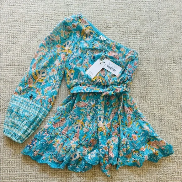 NWT Hemant & Nandita Lyna One Shoulder Cotton Eyelet Floral Ruffle Mini Dress S - Picture 7 of 13